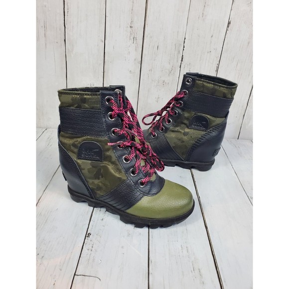 Sorel Lexie Girls Wedge Lace-Up Boots Size 1 Waterproof Leather Camo Canvas